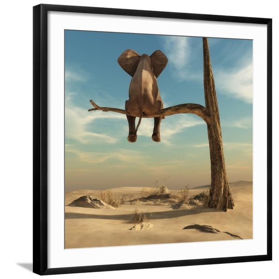 Art.com Elephant Stands on Thin Branch of Withered Tree in Surreal Landscape. this is a 3D Render Illustrat Art Print by Orla, Black Frame Wall Art, 29" x 29"
