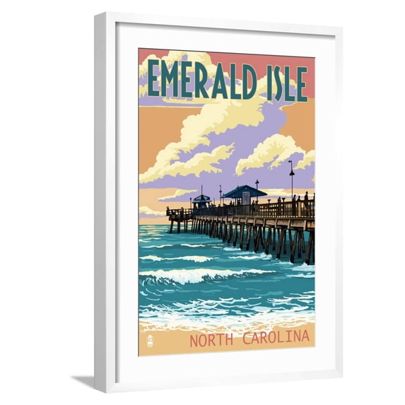Art.com Emerald Isle, North Carolina - Fishing Pier Art Print by Lantern Press, White Frame Wall Art, 21" x 29"