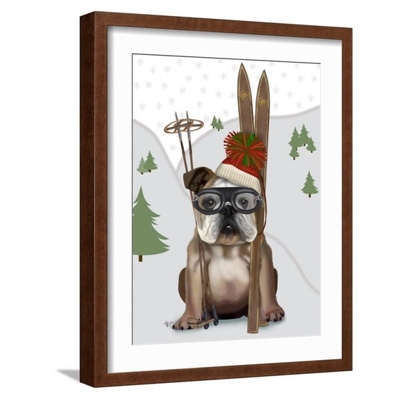 Art.com English Bulldog, Skiing Art Print by Fab Funky, Brown Frame Wall Art, 17" x 21"