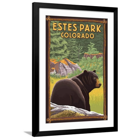 Art.com Estes Park, Colorado - Black Bear in Forest Art Print by Lantern Press, Black Frame Wall Art, 32" x 44"