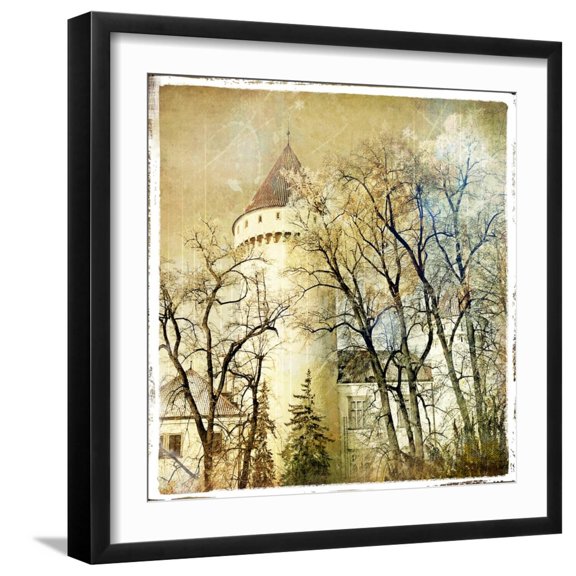 Art.com Fairy Winter Castle - Retro Styled Picture Art Print by Maugli-l, Black Frame Wall Art, 21" x 21"