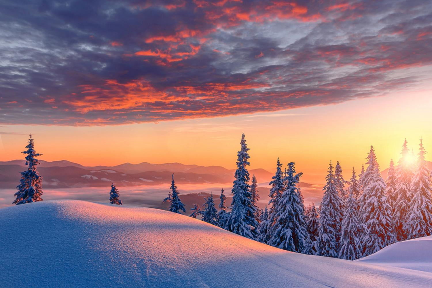 Dramatic Winter Scene Art.com Fantastic Winter Landscape during Sunset. Colorful Sky Glowing ...