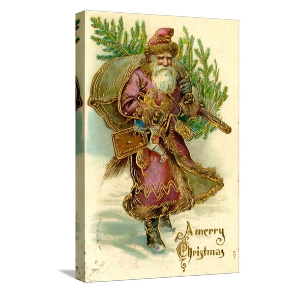Art.com Father Christmas Dressed in Pink Carrying Pack of toys and Pine Tree, Beatrice Litzinger Collection Stretched Canvas Print Wall Art, 12" x 18"
