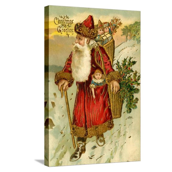 Art.com Father Christmas Dressed in Red Walking with a Gold Metallic Cane, Beatrice Litzinger Collection Stretched Canvas Print Wall Art, 16" x 24"