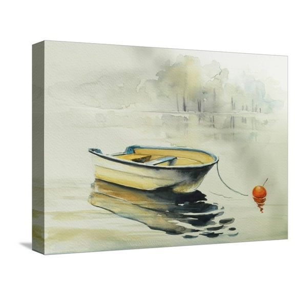 Art.com Fishing Boat on the Lake or River in Harmony with Nature. Picture Created with Watercolors. Stretched Canvas Print Wall Art, 16" x 12"