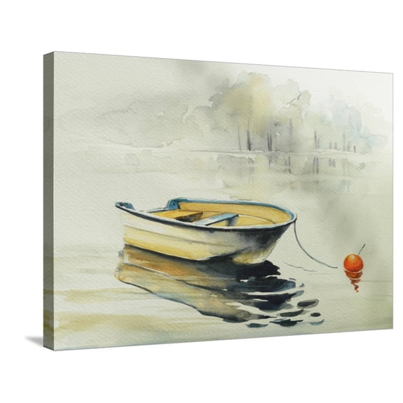 Art.com Fishing Boat on the Lake or River in Harmony with Nature. Picture Created with Watercolors. Stretched Canvas Print Wall Art, 32" x 24"