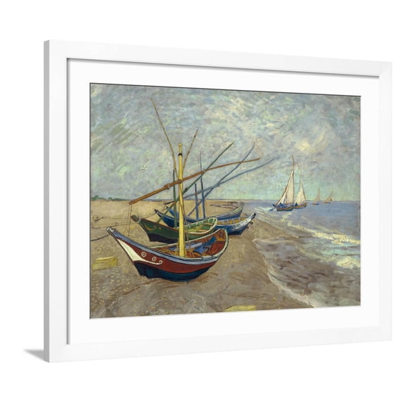 Art.com Fishing Boats on the Beach at Saintes-Maries-de-la-Mer, 1888 Giclee Print by Vincent van Gogh, White Frame Wall Art, 40" x 32"