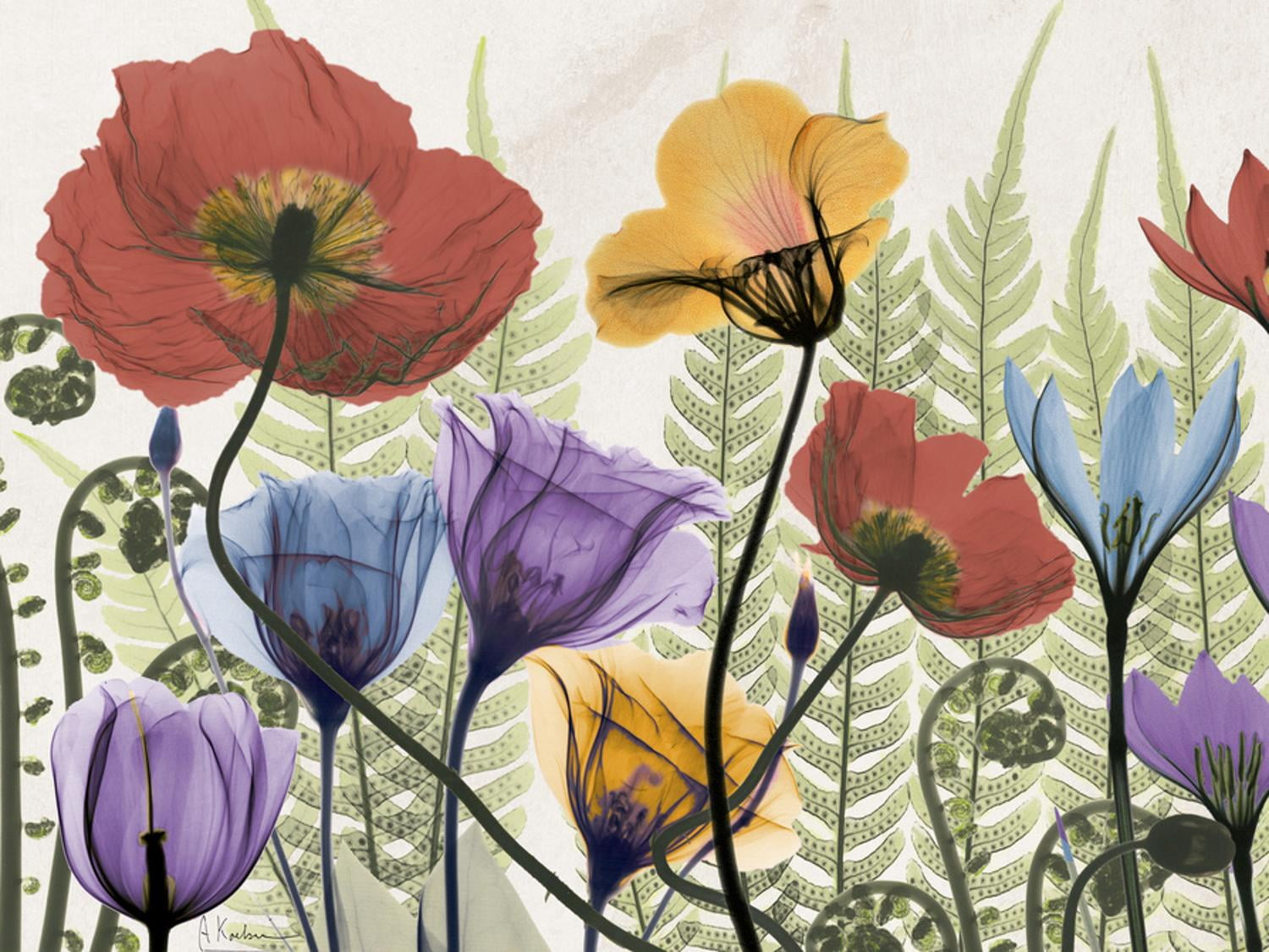 Vibrant Floral and Ferns Giclee Print, 32" x 24", Unframed