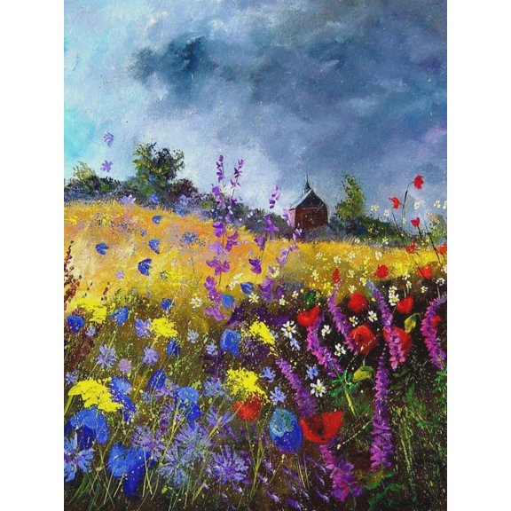 Art.com Flowers and old chapel Art Print by Pol Ledent, 24" x 32"