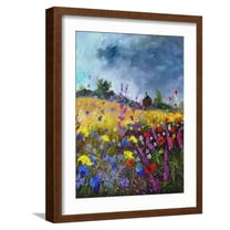 Art.com Flowers and old chapel Art Print by Pol Ledent, Brown Frame Wall Art, 17" x 21"