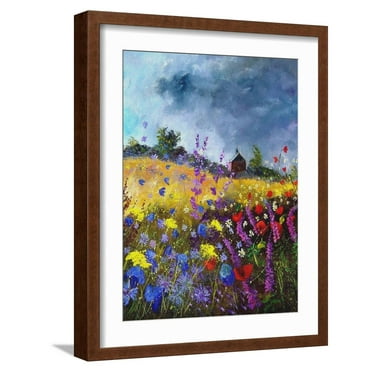 Art.com Flowers and old chapel Art Print by Pol Ledent, Brown Frame Wall Art, 17" x 21"