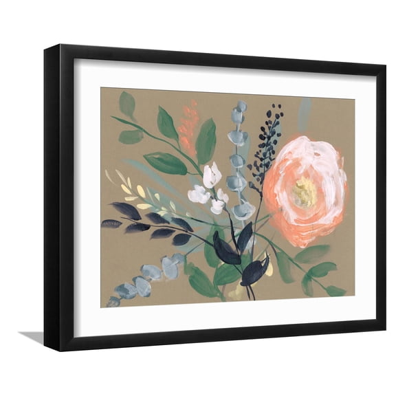 Art.com Flowers on Mocha I Art Print by Jennifer Goldberger, Black Frame Wall Art, 21" x 17"