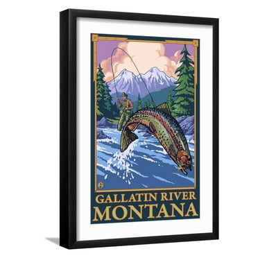 Art.com Fly Fishing Scene, Gallatin River, Montana Art Print by Lantern Press, Black Frame Wall Art, 17" x 23"