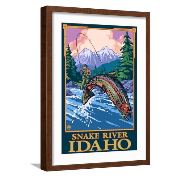 Art.com Fly Fishing Scene, Snake River, Idaho Art Print by Lantern Press, Brown Frame Wall Art, 17" x 23"