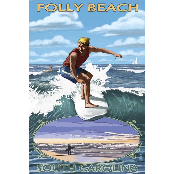 Art.com Folly Beach, SC - Sufer with Inset Art Print by Lantern Press, 12" x 18"