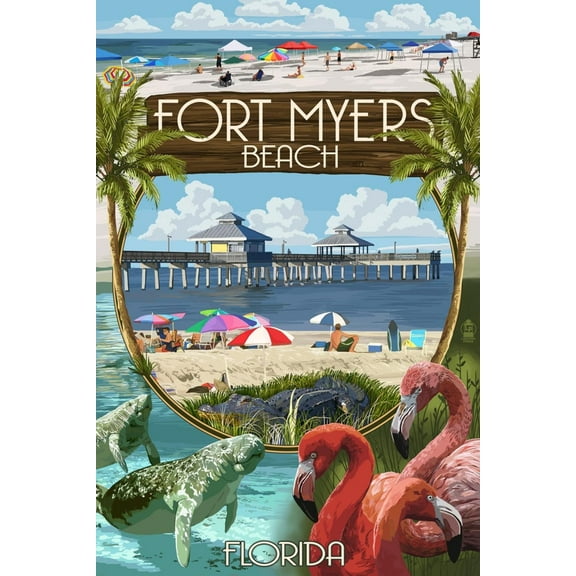 Art.com Fort Myers, Florida - Montage Scenes Art Print by Lantern Press, 12" x 18"
