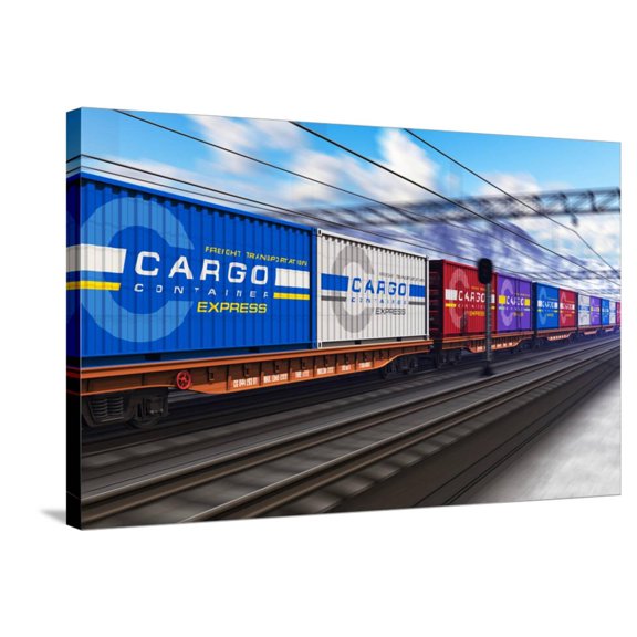 Art.com Freight Train with Cargo Containers Stretched Canvas Print Wall Art by Scanrail, 36" x 24"