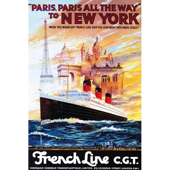 Art.com French Line - Paris to New York - Vintage Poster Art Print by Lantern Press, 12" x 18"