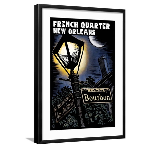 Art.com French Quarter - New Orleans, Louisiana - Bourbon Street - Scratchboard Art Print by Lantern Press, Black Frame Wall Art, 21" x 29"