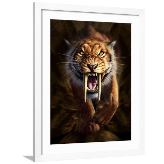 Art.com Full on View of a Saber-Toothed Tiger Art Print, White Frame Wall Art, 32" x 40"