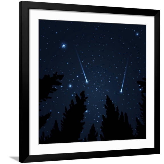 Art.com Galaxy with Framed with Pine Trees. Night Sky and Shooting Stars. Milky Way. Vector Illustration Art Print by acid2728k, Black Frame Wall Art, 38" x 38"