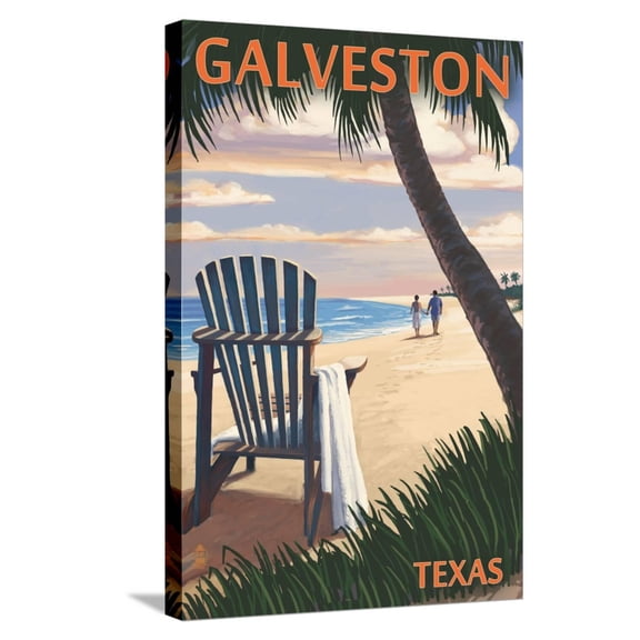 Art.com Galveston, Texas - Adirondack Chairs and Sunset Stretched Canvas Print Wall Art by Lantern Press, 16" x 24"