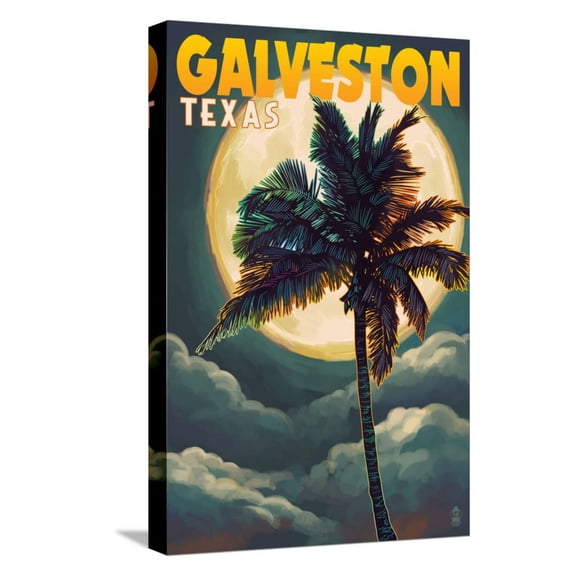 Art.com Galveston, Texas - Palm and Moon Stretched Canvas Print Wall Art by Lantern Press, 12" x 18"