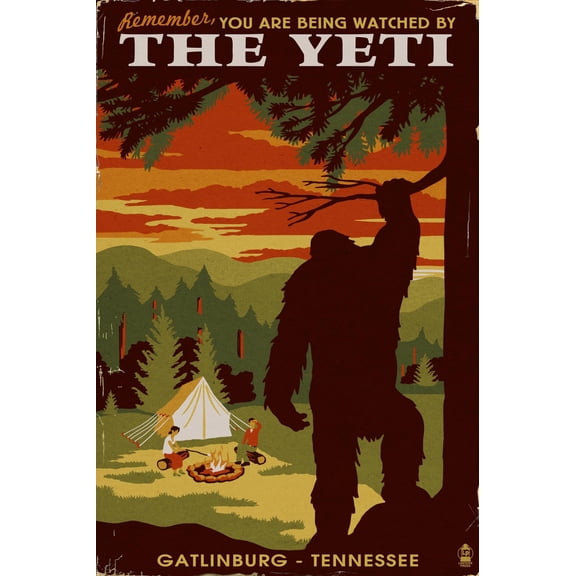 Art.com Gatlinburg, Tennessee - Youre Being Watched by the Yeti Art Print by Lantern Press, 12" x 18"