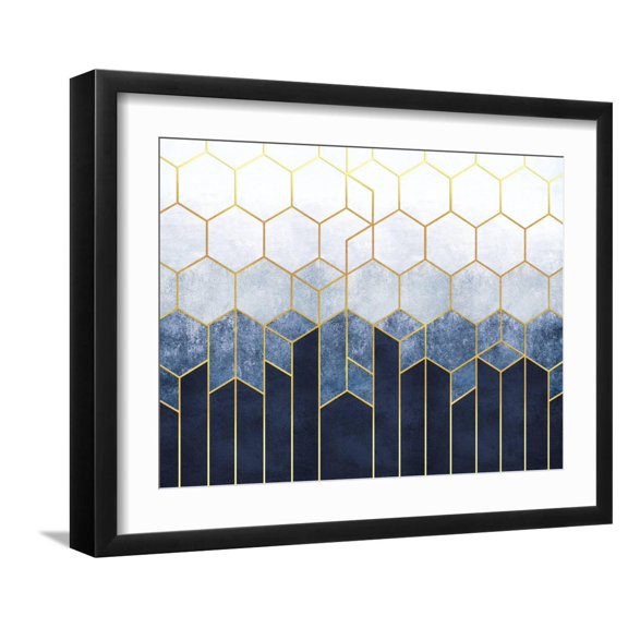Art.com Geometric Abstraction of Hexagons on a Blue Relief Background with Gold Elements. Fresco for Interi Art Print, Black Frame Wall Art, 21" x 17"