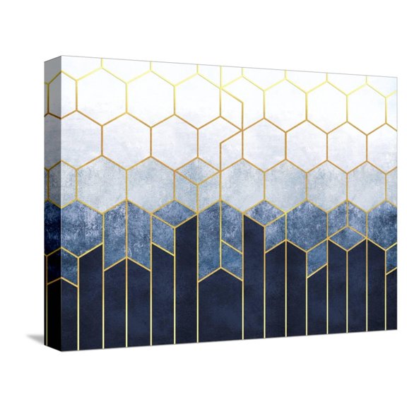 Art.com Geometric Abstraction of Hexagons on a Blue Relief Background with Gold Elements. Fresco for Interi Stretched Canvas Print Wall Art, 16" x 12"