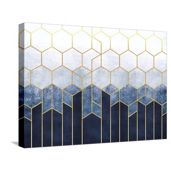 Art.com Geometric Abstraction of Hexagons on a Blue Relief Background with Gold Elements. Fresco for Interi Stretched Canvas Print Wall Art, 24" x 18"