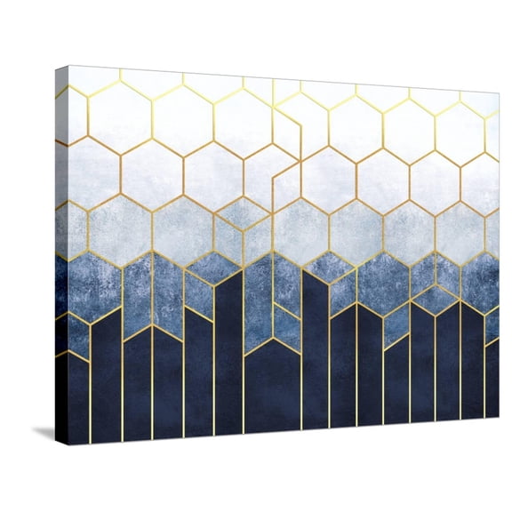 Art.com Geometric Abstraction of Hexagons on a Blue Relief Background with Gold Elements. Fresco for Interi Stretched Canvas Print Wall Art, 32" x 24"