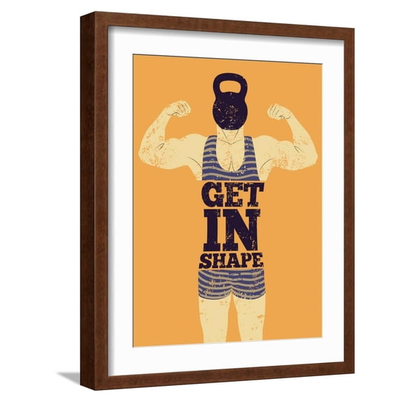 Art.com Get in Shape. Typographic Gym Phrase Vintage Grunge Poster Design with Strong Man. Retro Vector Ill Art Print by ZOO BY, Brown Frame Wall Art, 17" x 21"