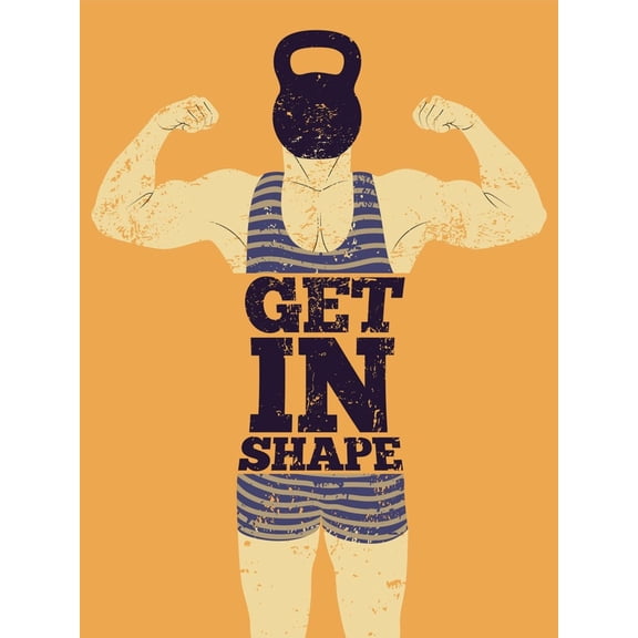 Art.com Get in Shape. Typographic Gym Phrase Vintage Grunge Poster Design with Strong Man. Retro Vector Ill Art Print by ZOO BY, 12" x 16"