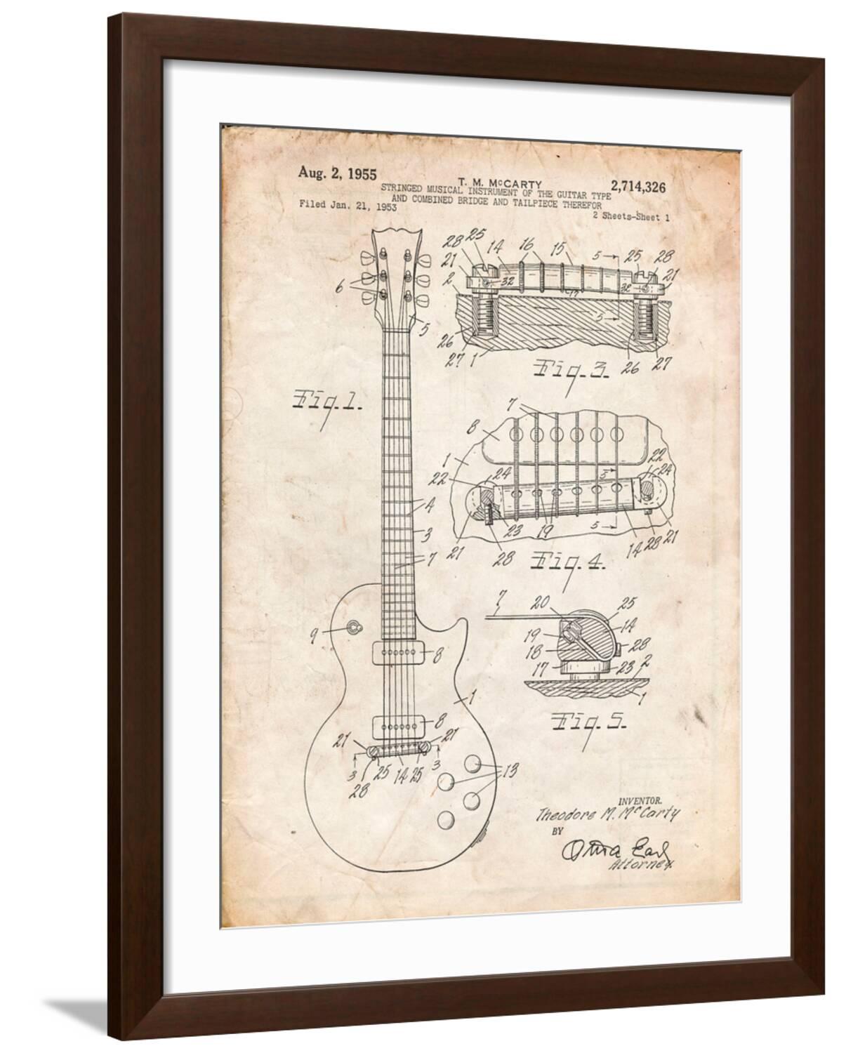 Art.com Gibson Les Paul Guitar Patent Art Print by Cole Borders, Brown Frame Wall Art, 32" x 40"