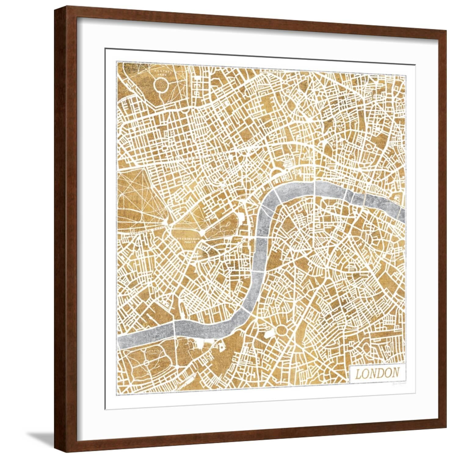 Gilded London Map Art Print by Laura Marshall, Brown Frame Wall