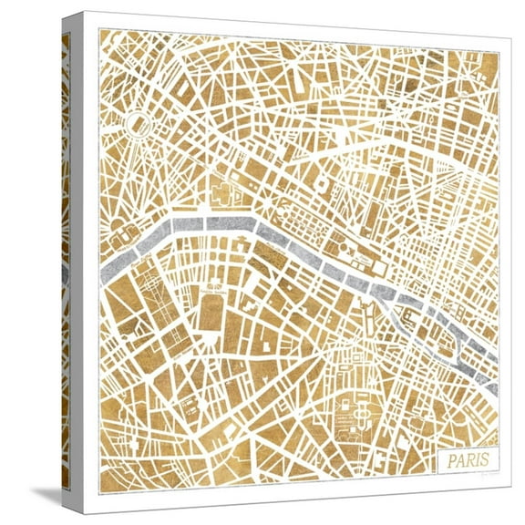Art.com Gilded Paris Map Stretched Canvas Print Wall Art by Laura Marshall, 16" x 16"