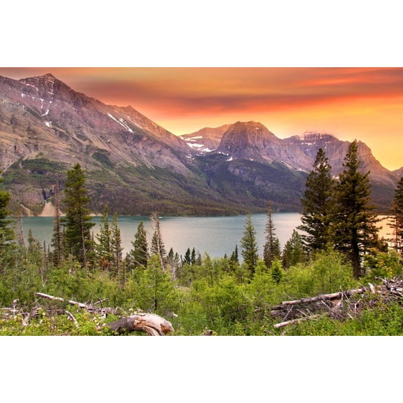 Art.com Glacier National Park, Montana - Lake and Peaks at Sunset Art Print by Lantern Press, 36" x 24"