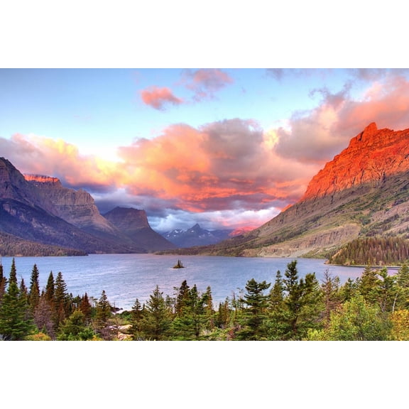 Art.com Glacier National Park, Montana - St. Mary Lake and Sunset Art Print by Lantern Press, 24" x 16"
