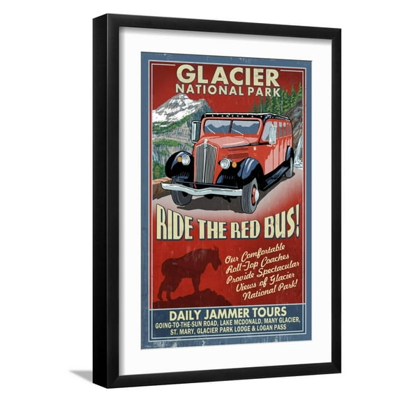 Art.com Glacier National Park - Red Jammer Art Print by Lantern Press, Black Frame Wall Art, 17" x 23"