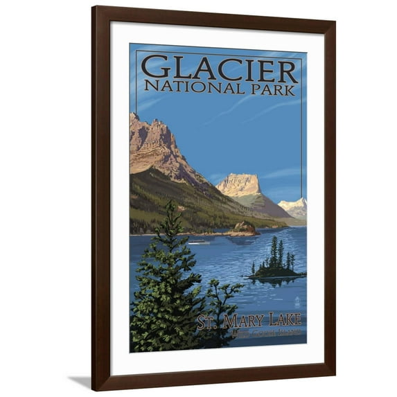 Art.com Glacier National Park - St. Mary Lake, c.2009 Art Print by Lantern Press, Brown Frame Wall Art, 32" x 44"