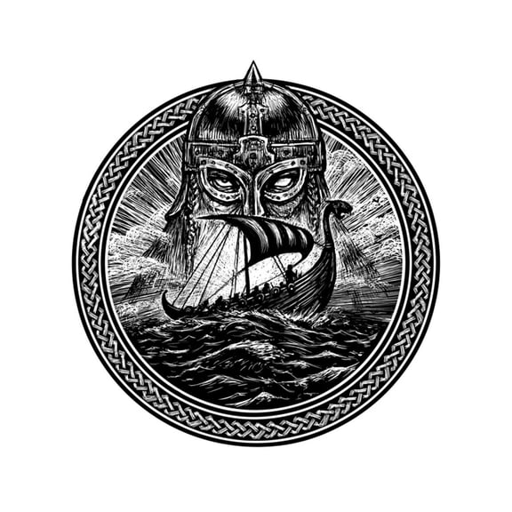 Art.com God Odin Storm Sea and Drakkar . Illustration of a Circle. Viking Emblem Viking Ship. Norse God Art Print by Barandash Karandashich, 24" x 24"
