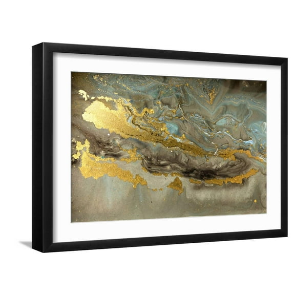 Art.com Gold Marbling Texture Design. Blue and Golden Marble Pattern. Fluid Art. Art Print by Ana Babii, Black Frame Wall Art, 23" x 17"