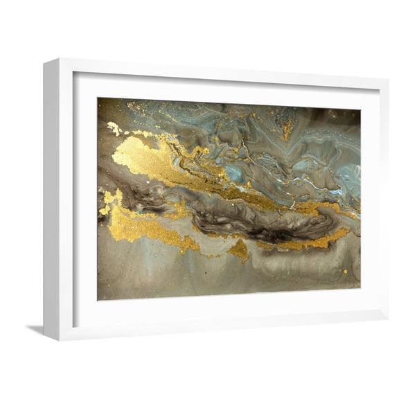 Art.com Gold Marbling Texture Design. Blue and Golden Marble Pattern. Fluid Art. Art Print by Ana Babii, White Frame Wall Art, 23" x 17"
