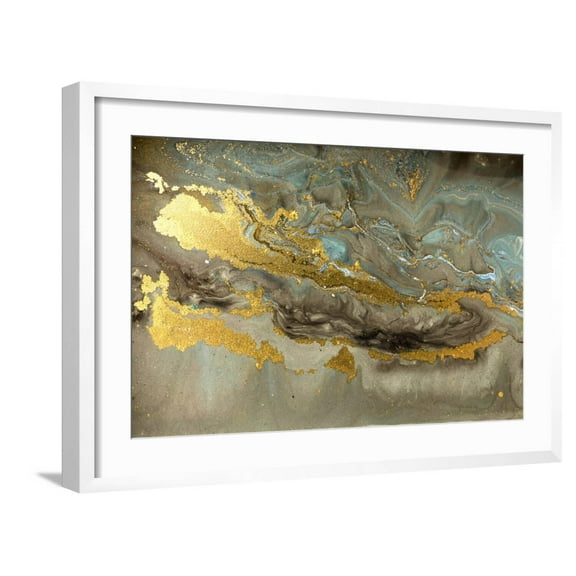 Art.com Gold Marbling Texture Design. Blue and Golden Marble Pattern. Fluid Art. Art Print by Ana Babii, White Frame Wall Art, 29" x 21"