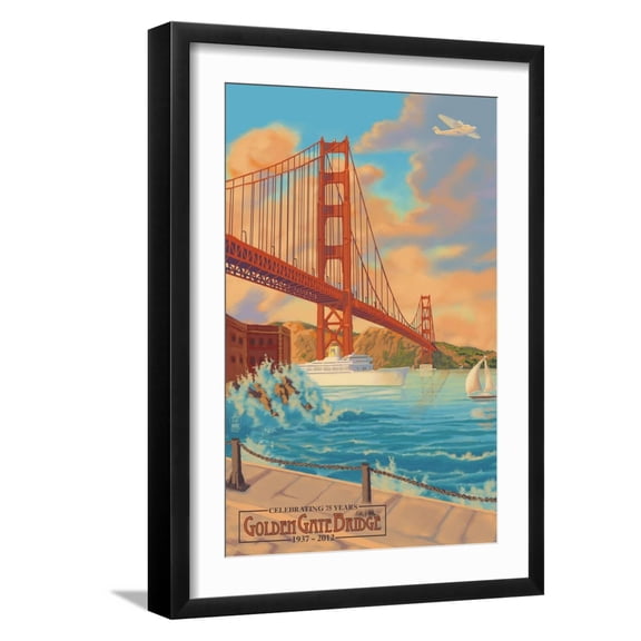 Art.com Golden Gate Bridge Sunset - 75th Anniversary - San Francisco, CA Art Print by Lantern Press, Black Frame Wall Art, 17" x 23"
