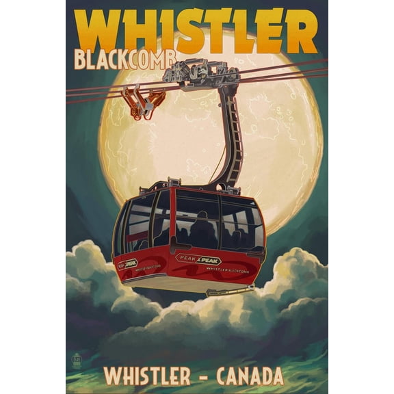 Art.com Gondola and Full Moon - Whistler, Canada Art Print by Lantern Press, 12" x 18"