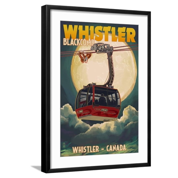 Art.com Gondola and Full Moon - Whistler, Canada Art Print by Lantern Press, Black Frame Wall Art, 21" x 29"