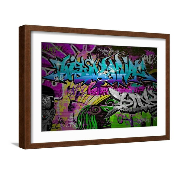 Art.com Graffiti Wall Urban Art Art Print by SergWSQ, Brown Frame Wall Art, 23" x 17"