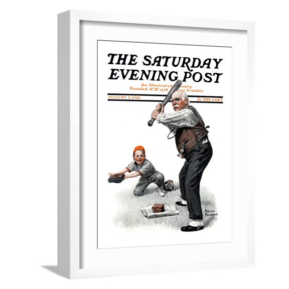 Art.com Gramps at the Plate Saturday Evening Post Cover, August 5,1916 Giclee Print by Norman Rockwell, White Frame Wall Art, 17" x 21"